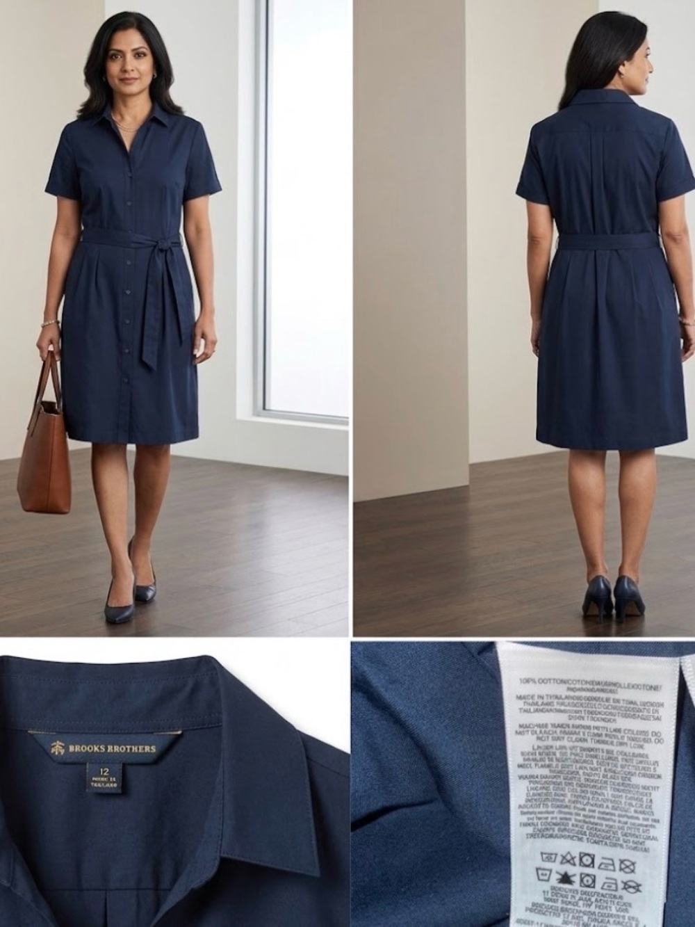Brooks Brothers Navy Short-Sleeve Shirt Dress with Tie Waist